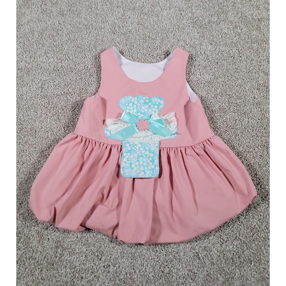 Vintage 90s Chocolate Soup Handmade Dress Size 3T Pink Bear Cross Applique Bow